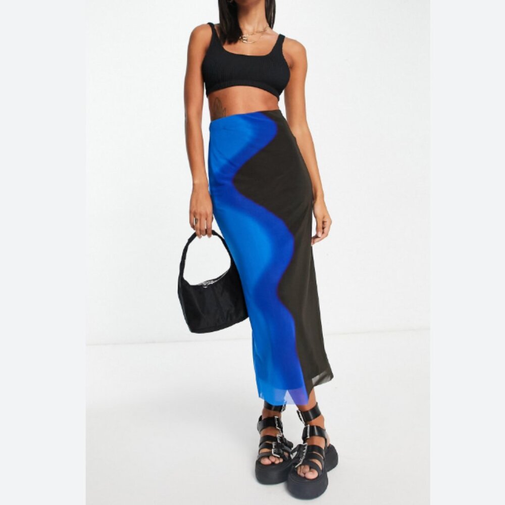 Abstract Mesh Midi Skirt Blue Black - Size 6